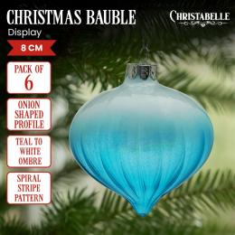 Christabelle Box of 6 Teal Ombre Glass Onion Baubles with Spiral Stripes