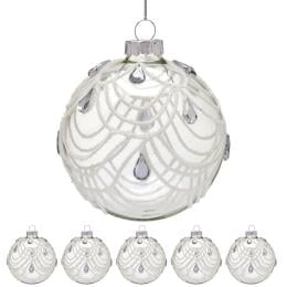 Christabelle Clear Glass Baubles 6Pcs with White Swirls & Teardrop Gems Balls Christmas Tree Decoration Ornament