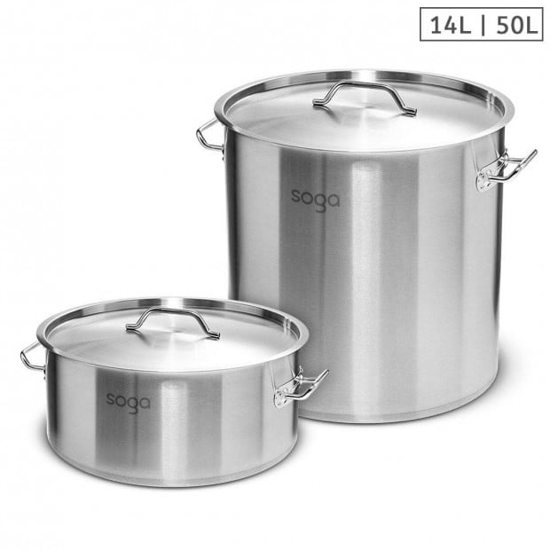SOGA 14L Wide Stock Pot and 50L Tall Top Grade Thick Stainless Steel