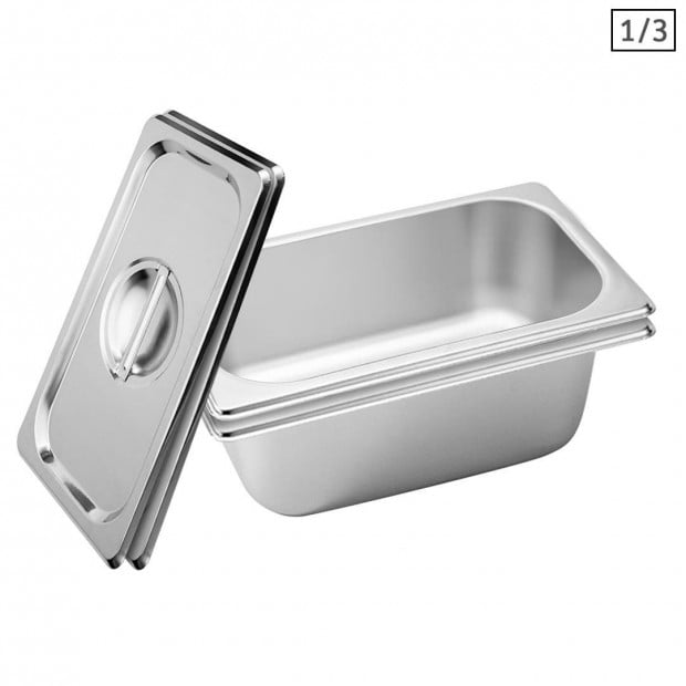 2X Gastronorm GN Pan Full Size 1/3 GN Pan 10cm Stainless Steel Tray
