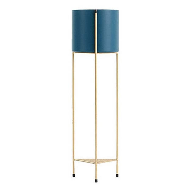 2 Layer 81cm Gold Metal Plant Stand with Blue Flower Pot Corner Rack