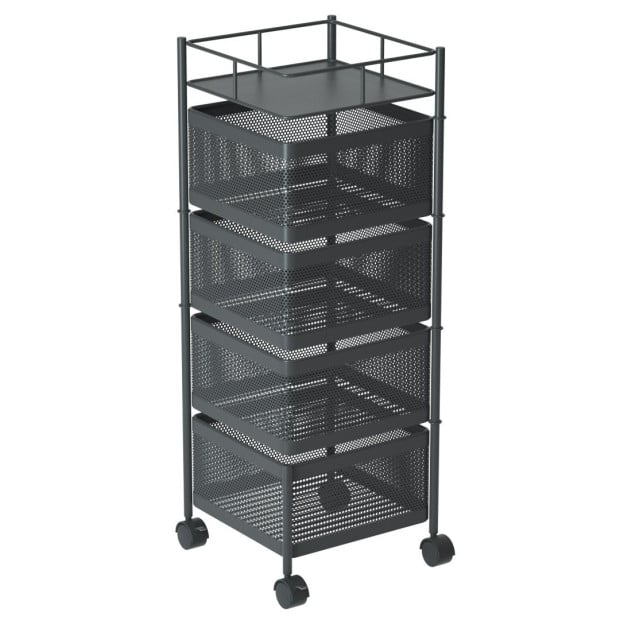 4 Tier Steel Square Rotating Kitchen Cart Shelves with Wheels - Grey