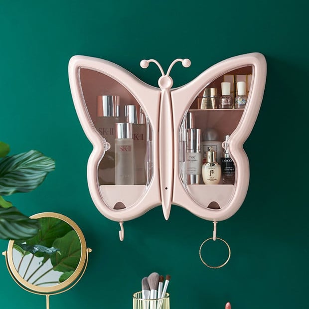 Pink Butterfly Shape Wall-Mounted Makeup Organiser Storage Box Image 2