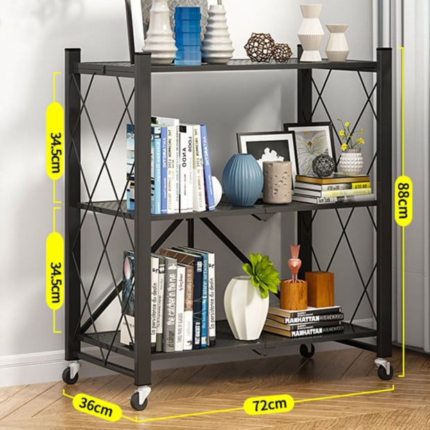 3 Tier Steel Black Foldable Kitchen Cart Storage Shelves Rack Image 2
