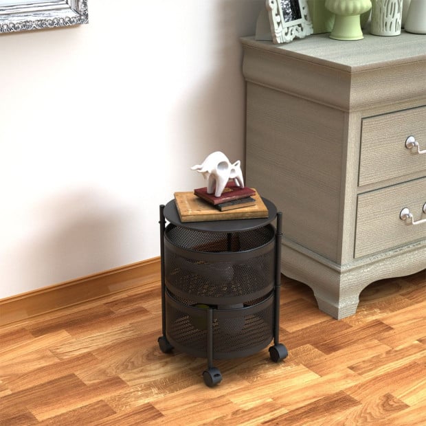 2 Tier Steel Round Rotating Kitchen Cart Shelves Storage - Grey Image 2
