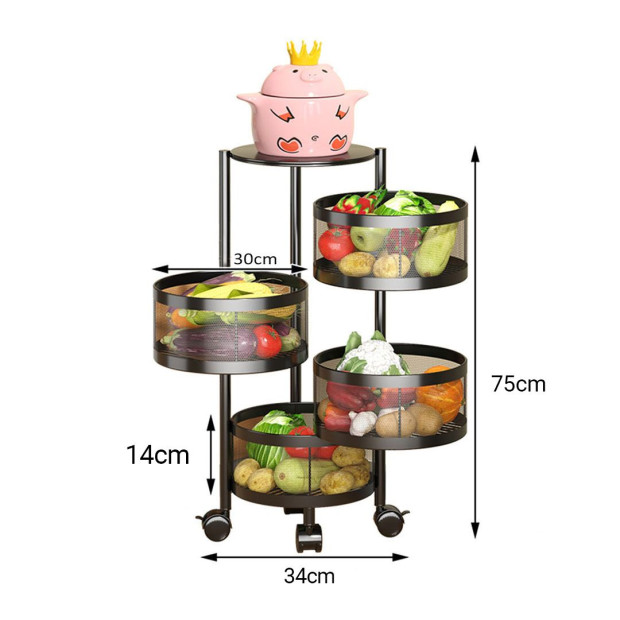 4 Tier Steel Round Rotating Kitchen Cart Shelves with Wheels Image 2