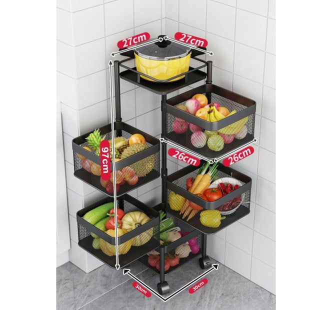 5 Tier Steel Square Rotating Kitchen Cart Shelves with Wheels - Grey Image 2