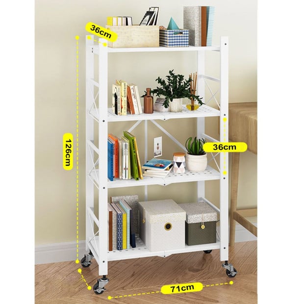 4 Tier Steel White Foldable Shelves Portable Storage with Wheels Image 2