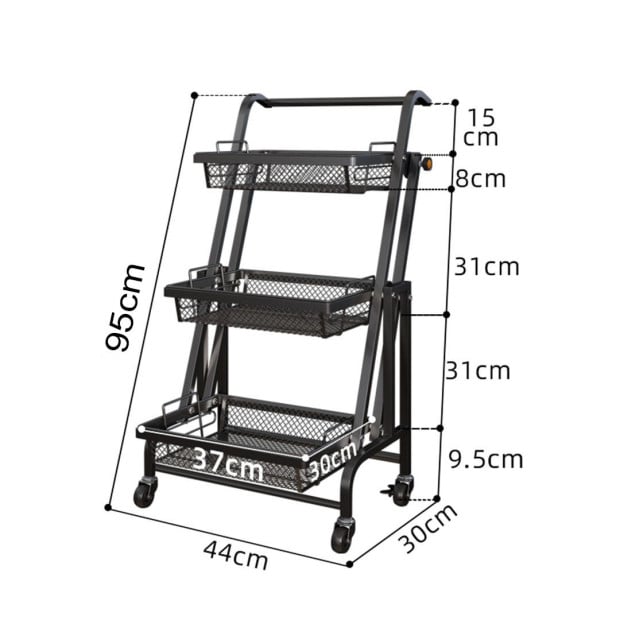 3 Tier Steel Black Adjustable Kitchen Cart Multi-Functional w/ Wheels Image 2