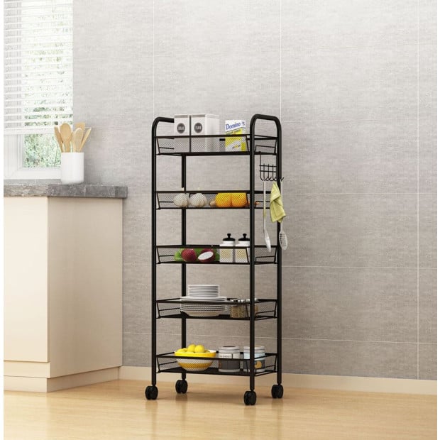 5 Tier Steel Black Bee Mesh Kitchen Cart with Wheels Image 2