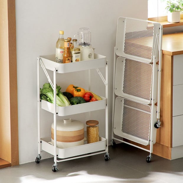 3 Tier Steel White Foldable Kitchen Cart Multi-Functional Shelves Image 3