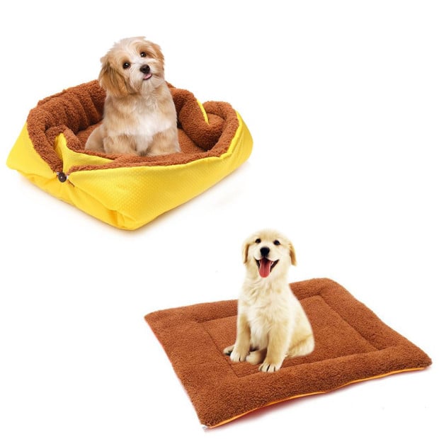 Pet Cushion Nest Cat Dog Bed Warm Plush Kennel Mat -Yellow Image 3
