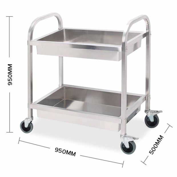 2 Tier 95x50x95cm Stainless Steel Kitchen Trolley Bowl Food Cart Image 3