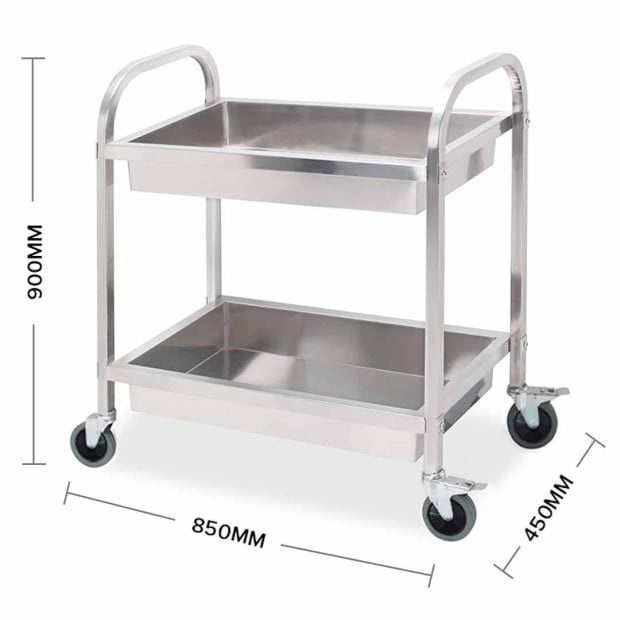 2 Tier 85x45x90cm Stainless Steel Kitchen Trolley Bowl Food Cart Image 3