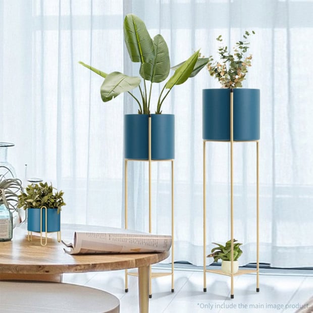 2 Layer 81cm Gold Metal Plant Stand with Blue Flower Pot Corner Rack Image 3