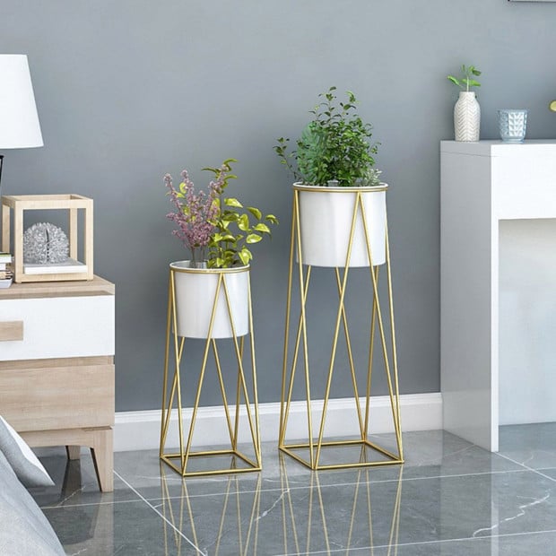 70cm Gold Metal Plant Stand White Flower Pot Holder Corner Shelving Image 3