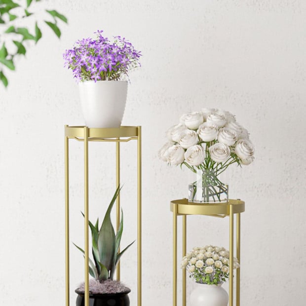 2 Layer 80cm Gold Metal Plant Stand Flower Pot Holder Corner Shelving Image 3