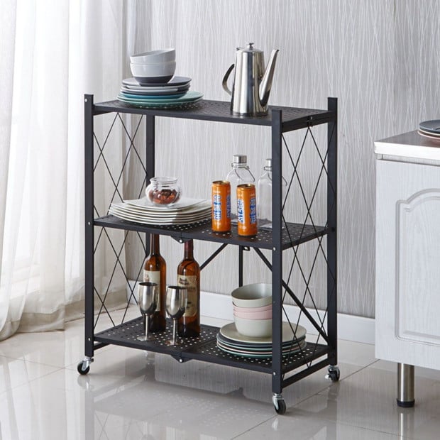 3 Tier Steel Black Foldable Kitchen Cart Storage Shelves Rack Image 3