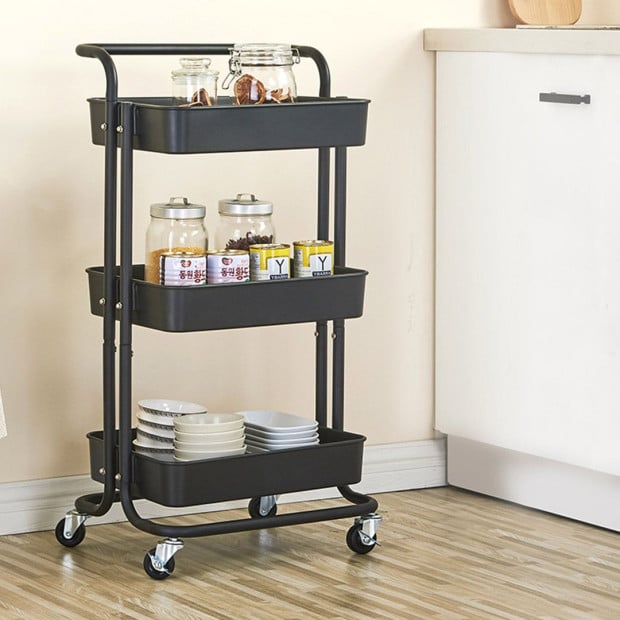 3 Tier Steel Black Movable Kitchen Cart Portable Shelves Rack Image 3