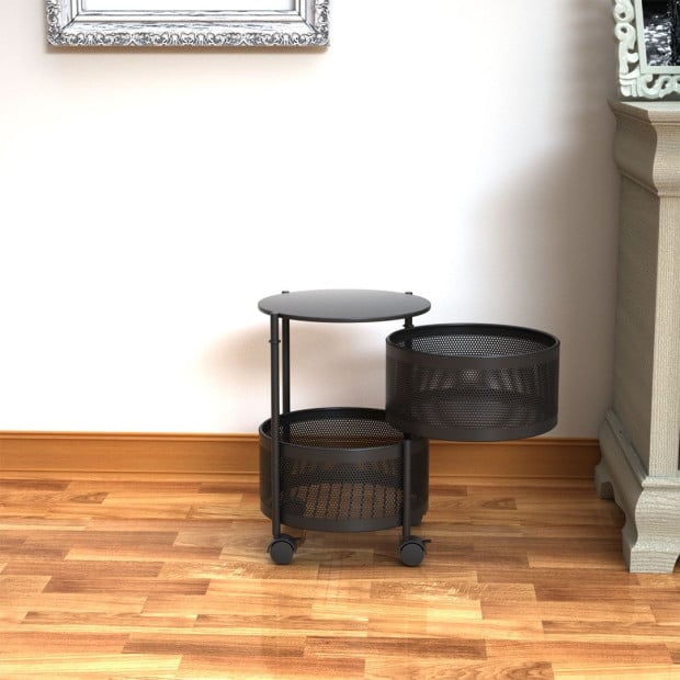 2 Tier Steel Round Rotating Kitchen Cart Shelves Storage - Grey Image 3