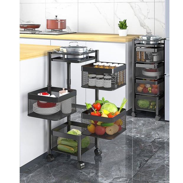 4 Tier Steel Square Rotating Kitchen Cart Shelves with Wheels - Grey Image 3