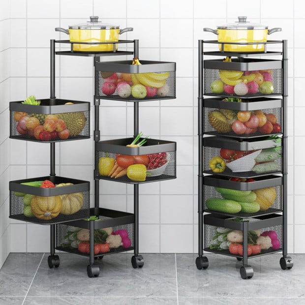 5 Tier Steel Square Rotating Kitchen Cart Shelves with Wheels - Grey Image 3
