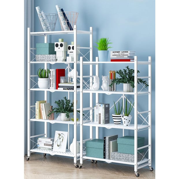 4 Tier Steel White Foldable Shelves Portable Storage with Wheels Image 3