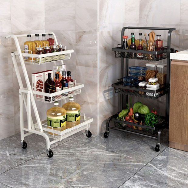 3 Tier Steel Black Adjustable Kitchen Cart Multi-Functional w/ Wheels Image 3