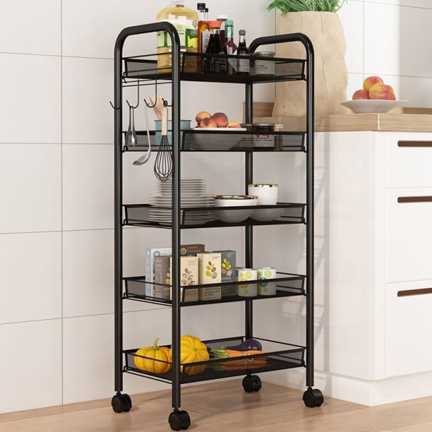 5 Tier Steel Black Bee Mesh Kitchen Cart with Wheels Image 3