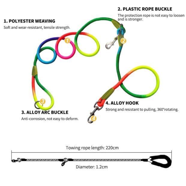 220cm Multifunction Hands-Free Rope Pet Dog Puppy Leash Rainbow Image 3