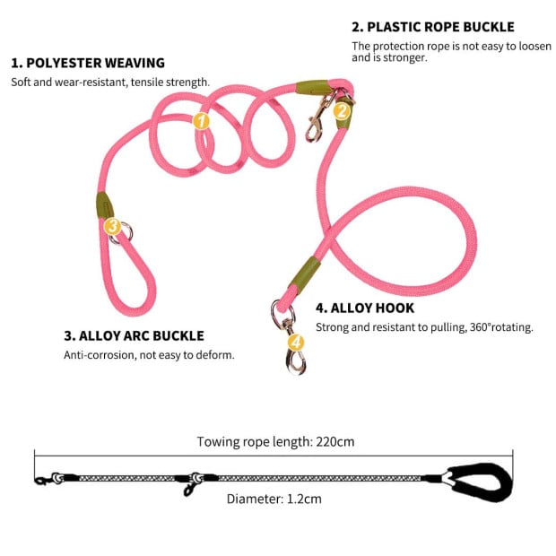 220cm Multifunction Rope Pet Cat Dog Puppy Double Ended Leash Pink Image 3