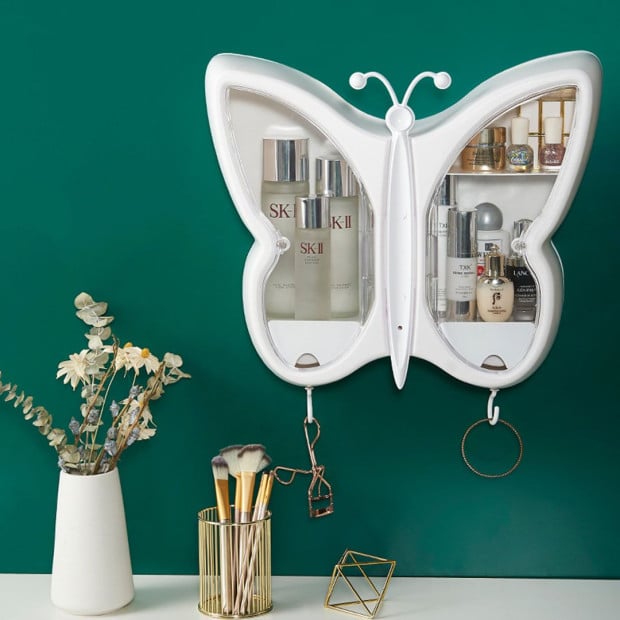 White Butterfly Shape Wall-Mounted Makeup Organiser Storage Box Image 4