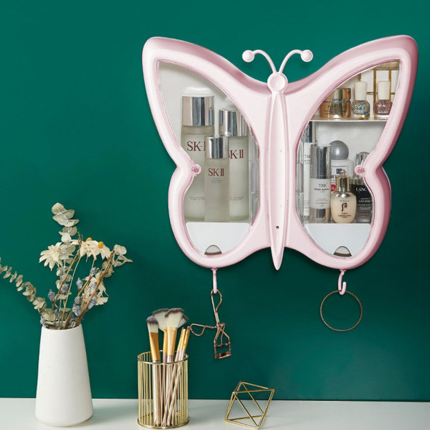 Pink Butterfly Shape Wall-Mounted Makeup Organiser Storage Box Image 4