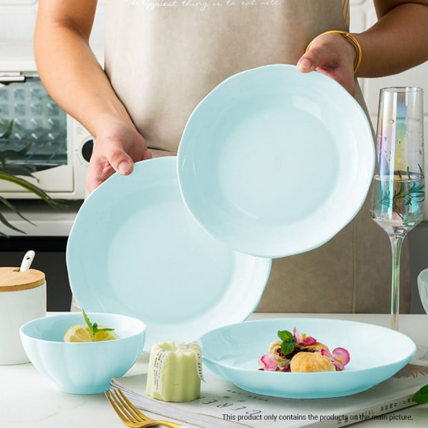 Light Blue Ceramic Dinnerware Crockery Soup Bowl Plate Set of 4 Image 4