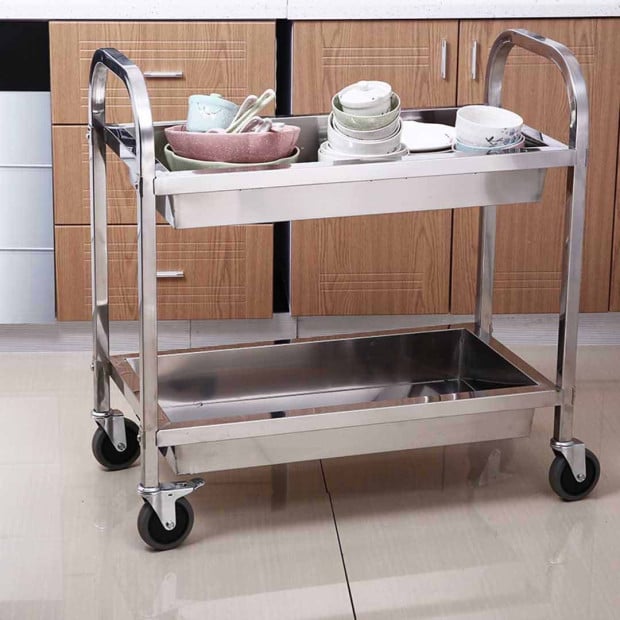 2 Tier 95x50x95cm Stainless Steel Kitchen Trolley Bowl Food Cart Image 4