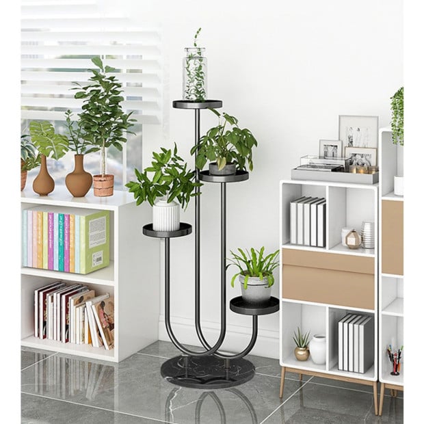 U Shaped Plant Stand Round Flower Pot Tray Black Metal Shelf Image 4
