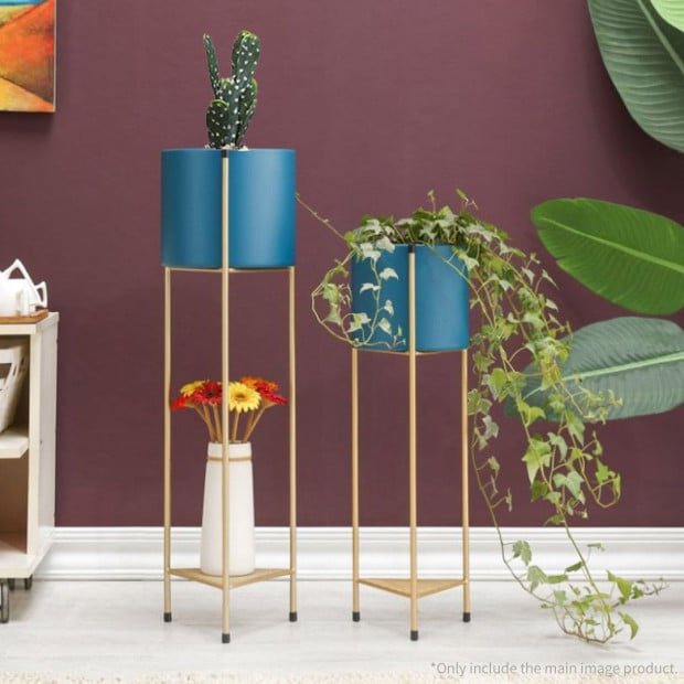 2 Layer 81cm Gold Metal Plant Stand with Blue Flower Pot Corner Rack Image 4