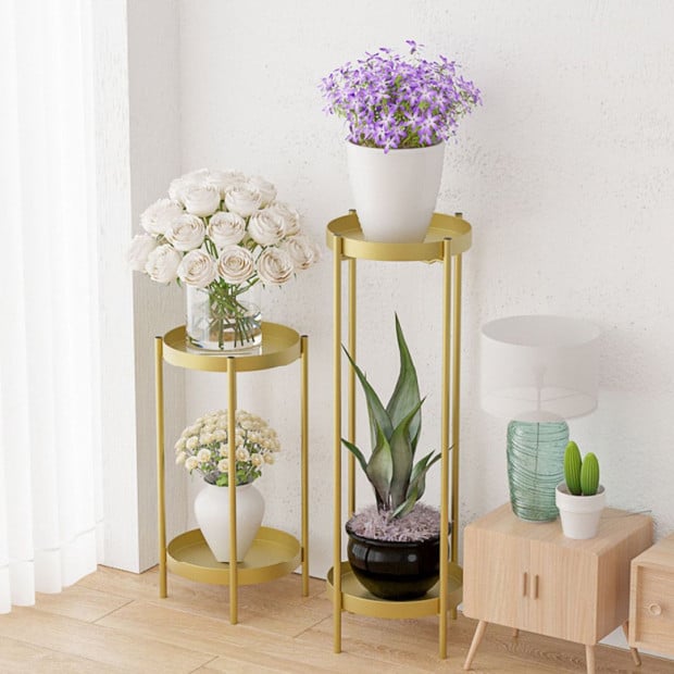 2 Layer 80cm Gold Metal Plant Stand Flower Pot Holder Corner Shelving Image 4