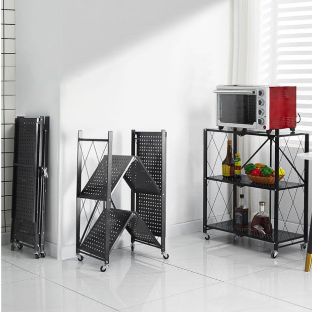 3 Tier Steel Black Foldable Kitchen Cart Storage Shelves Rack Image 4