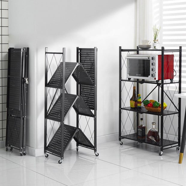 4 Tier Steel Black Foldable Kitchen Cart Multi-Functional Shelves Image 4