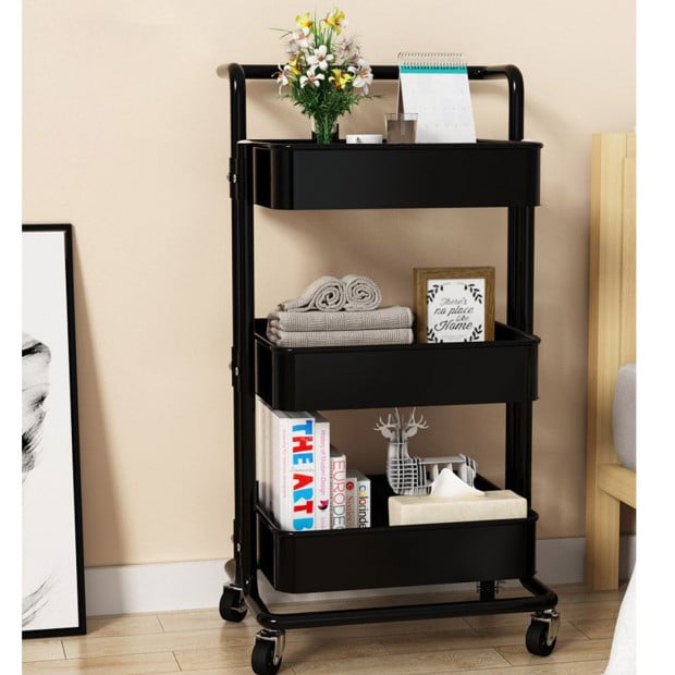 3 Tier Steel Black Movable Kitchen Cart Portable Shelves Rack Image 4