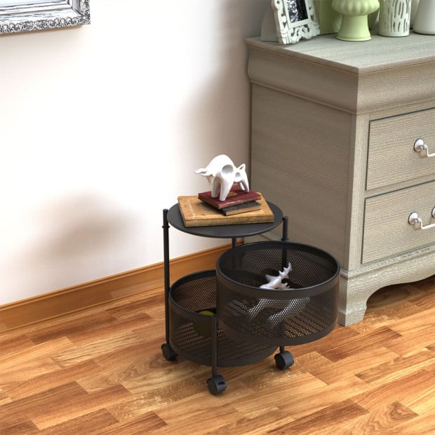 2 Tier Steel Round Rotating Kitchen Cart Shelves Storage - Grey Image 4