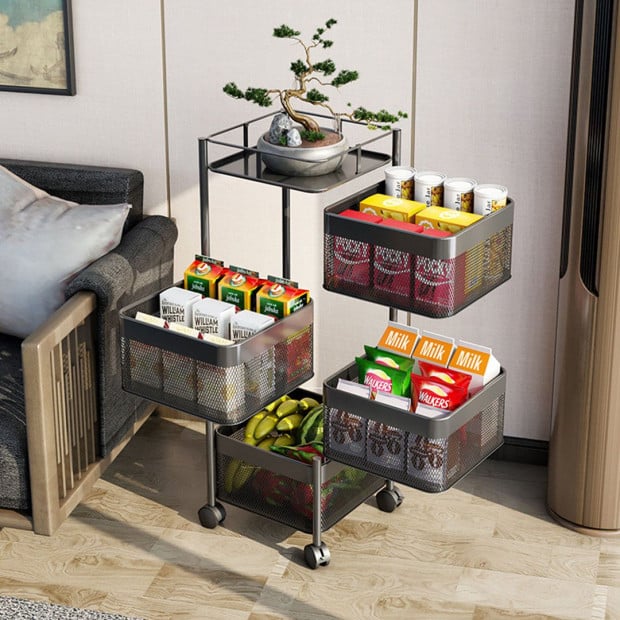 4 Tier Steel Square Rotating Kitchen Cart Shelves with Wheels - Grey Image 4