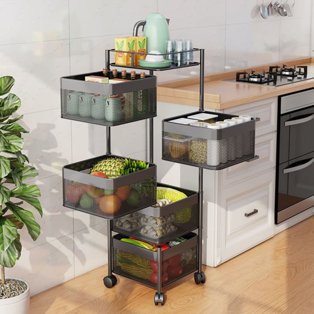 5 Tier Steel Square Rotating Kitchen Cart Shelves with Wheels - Grey Image 4