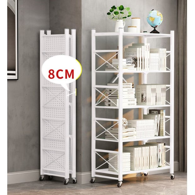 4 Tier Steel White Foldable Shelves Portable Storage with Wheels Image 4