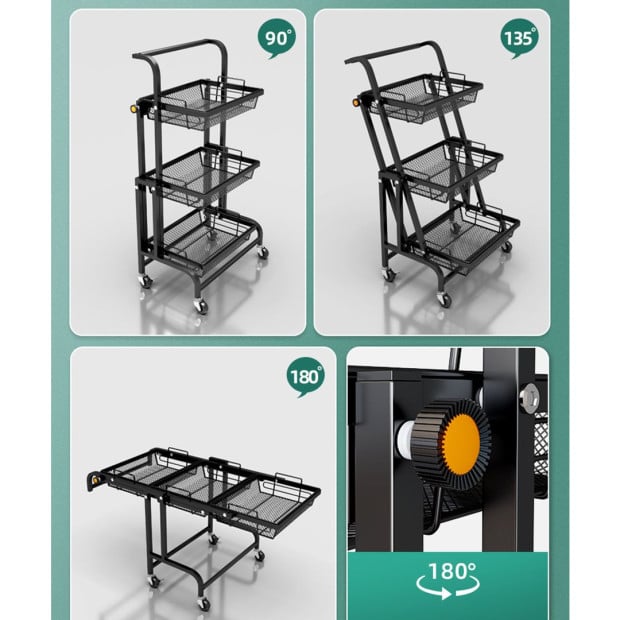3 Tier Steel Black Adjustable Kitchen Cart Multi-Functional w/ Wheels Image 4