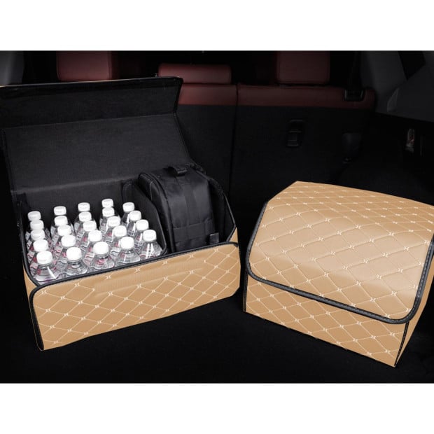 Car Boot Trunk Cargo Organizer Storage Box Beige/Gold Stitch Large Image 4