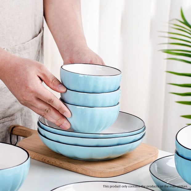 Blue JCeramic Dinnerware Crockery Soup Bowl Plate Server Set of 6 Image 5