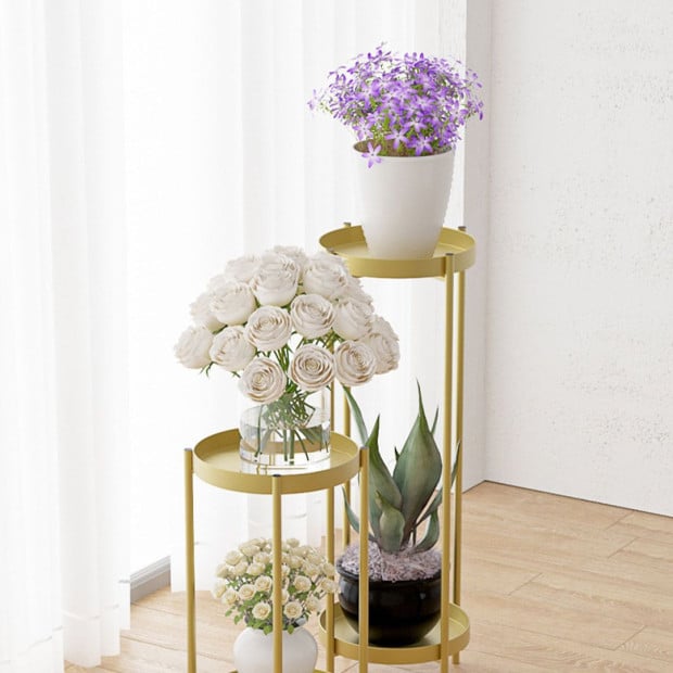 2 Layer 80cm Gold Metal Plant Stand Flower Pot Holder Corner Shelving Image 5