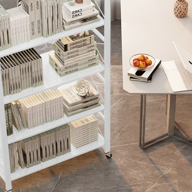 4 Tier Steel White Foldable Shelves Portable Storage with Wheels Image 5